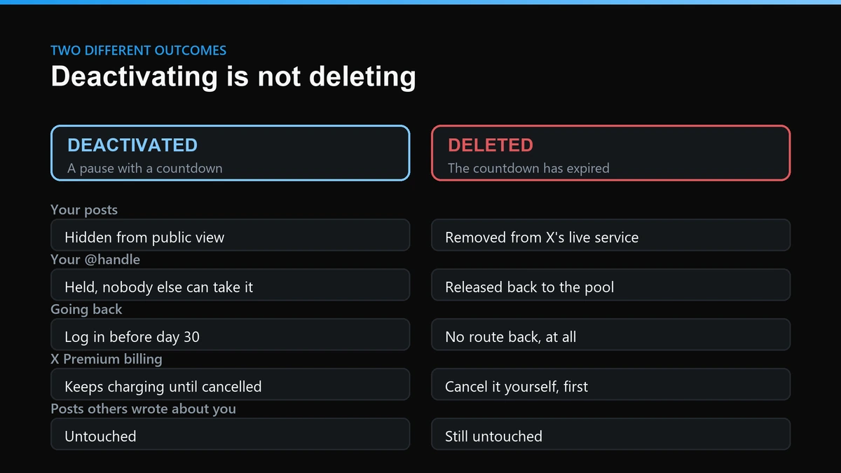 Deactivate vs delete Twitter comparison covering posts, handle, reversibility, Premium billing and other people's posts