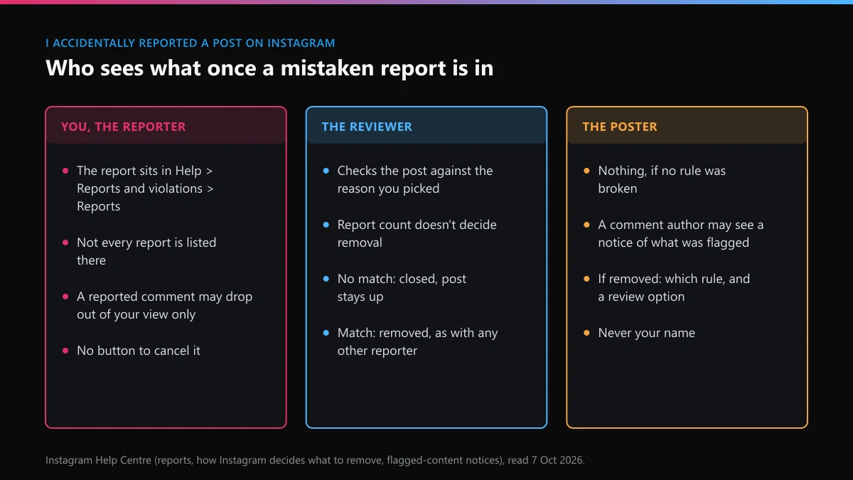 I accidentally reported a post on Instagram: what the reporter, the poster and the reviewer each see after the report