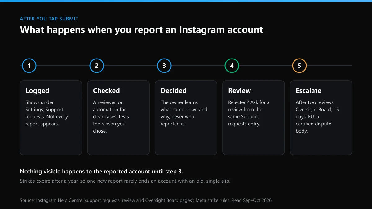 What happens when you report an Instagram account: queue, review, decision, review request, Oversight Board