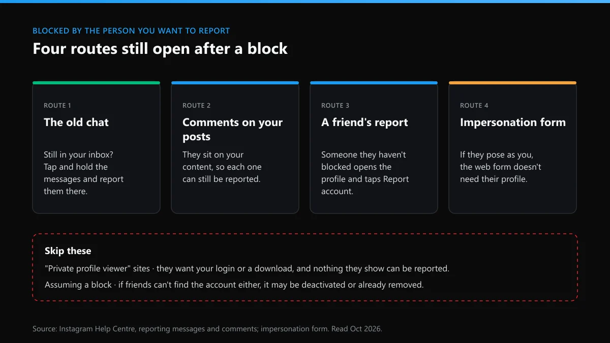 Report someone on Instagram who blocked you: old chat, comments on your posts, a friend's report, or the impersonation form