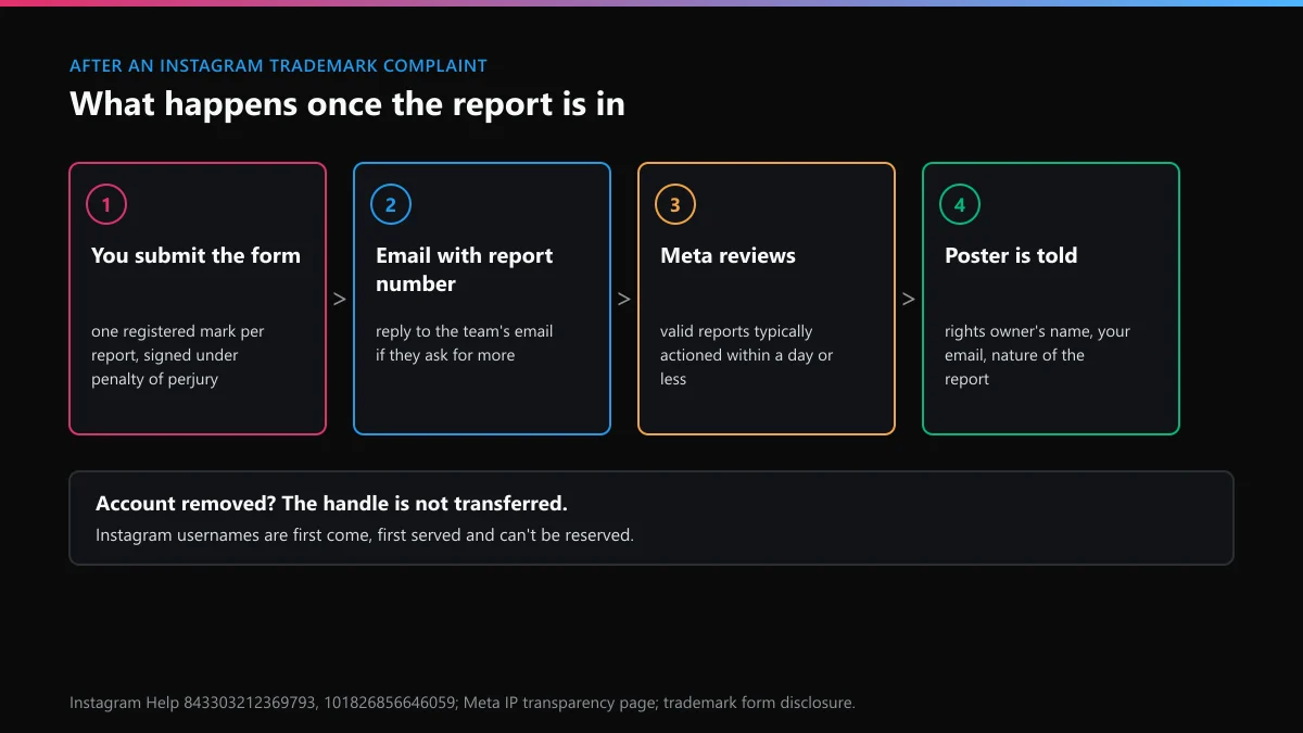 After an Instagram trademark complaint: report number email, review, removal or refusal, what the poster is told