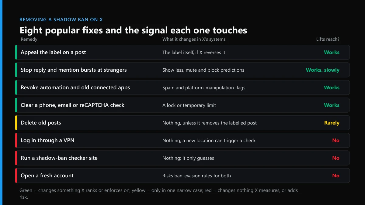 Remove shadow ban Twitter fixes compared: appeals and behaviour changes work, VPNs, checkers and new accounts do not