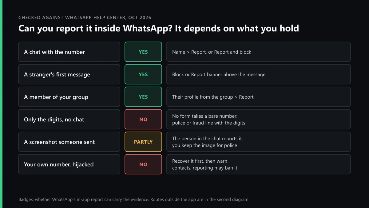 Report a WhatsApp number: which situations WhatsApp's in-app report covers, from a chat to bare digits