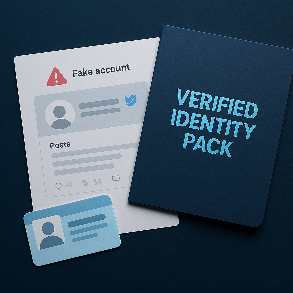 Twitter report tool evidence kit: a fake profile beside a verified-identity proof pack ready to file