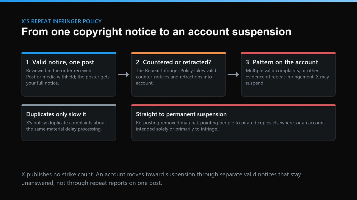 Twitter repeat infringer policy path, from one valid copyright notice to an account suspension on X