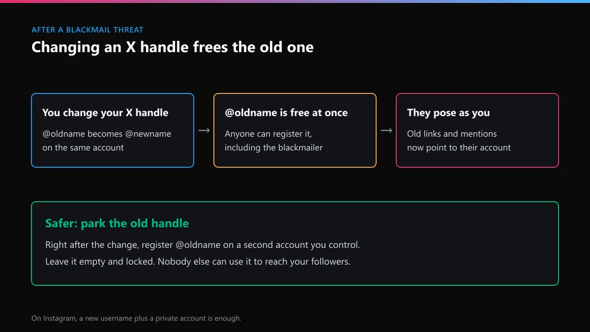 What happens to an old X handle after a change: it becomes free to register, so park it on a second account