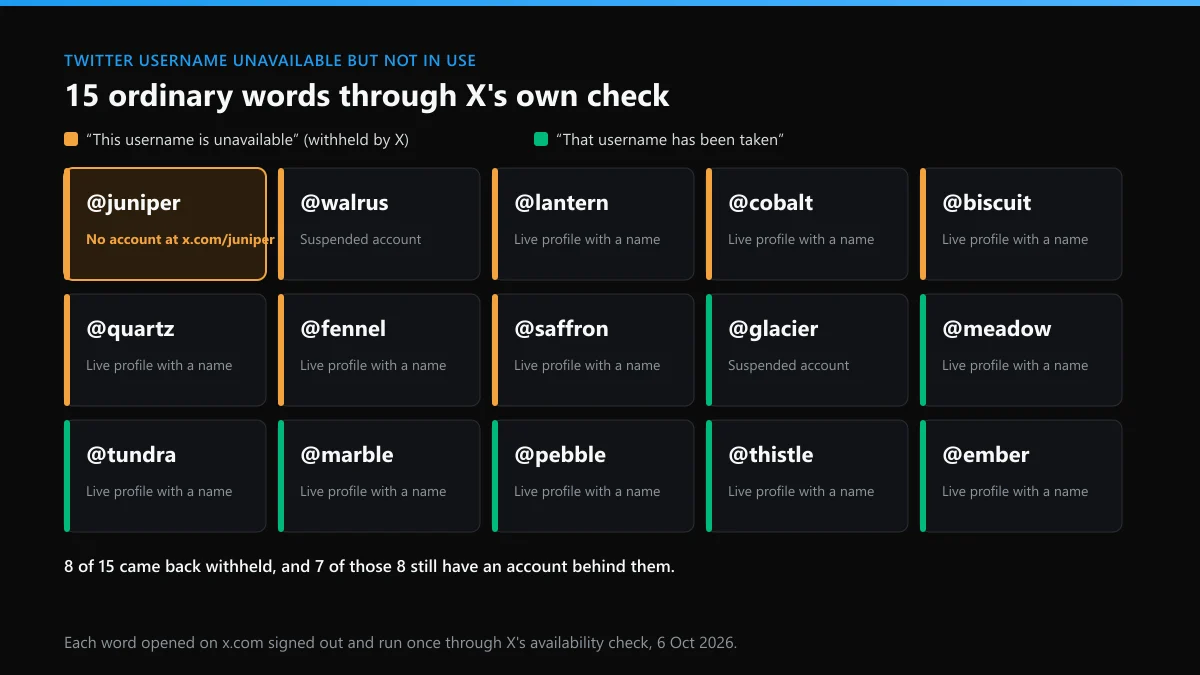 Twitter username unavailable but not in use: 15 ordinary words checked on X, 8 withheld, juniper with no account